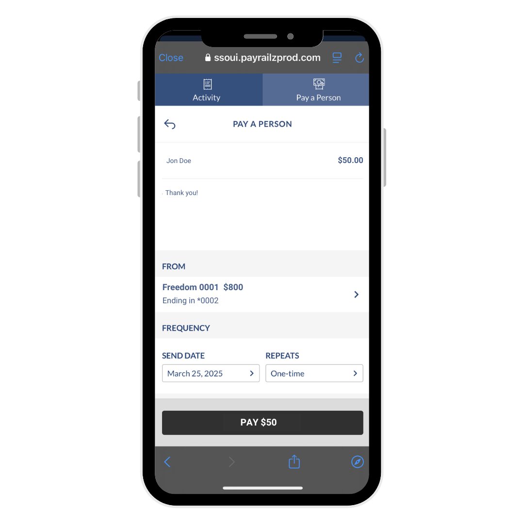 Step 6- Enter the amount you want to send, select the send date, and tap "Pay."