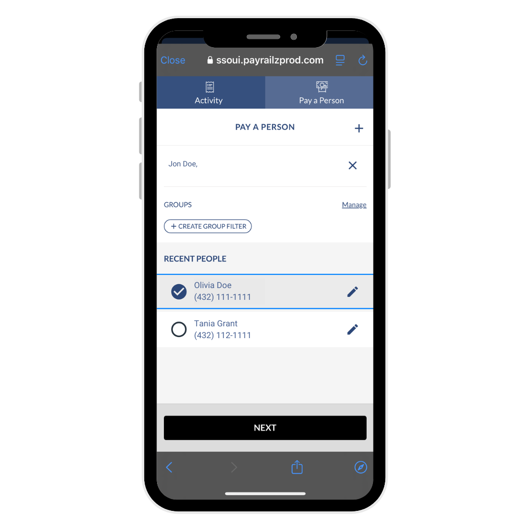 Step 4- Tap "Pay a Person" at the top of the screen. Choose an existing recipient or add a new one by tapping the "+" icon in the top right corner. To add a new recipient, enter their first name, last name, phone number, email address, and a security question.