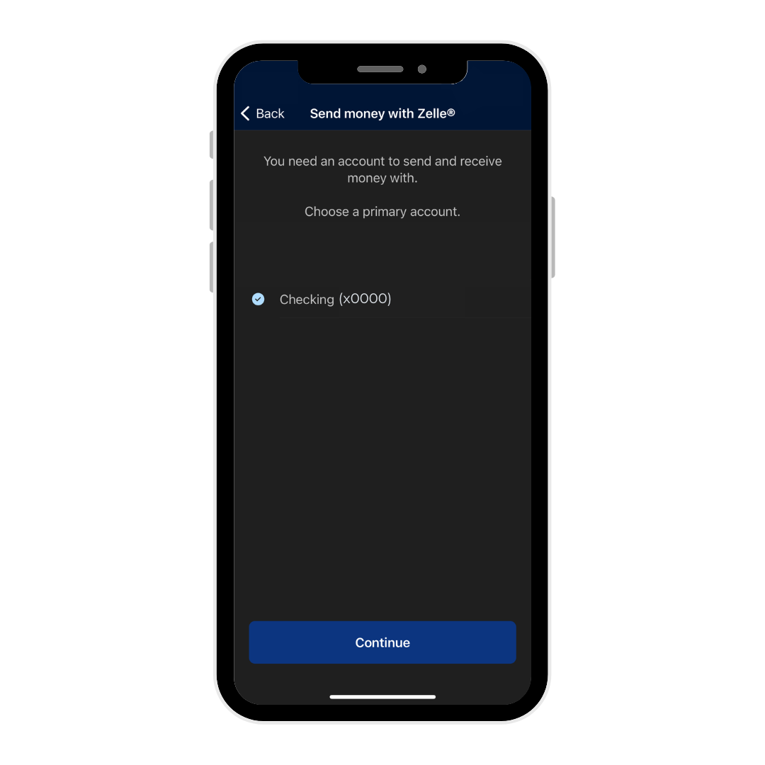 Step 5 of Zelle Instructions. Select your bank account to start sending and receiving money instantly.