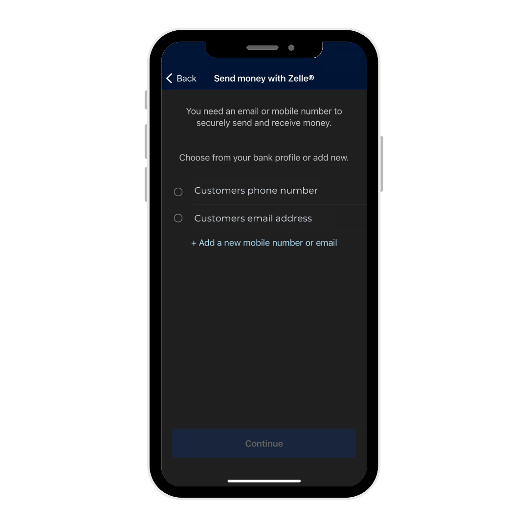 Step 3 of Zelle Instructions. Enroll in your email address or U.S. mobile number.