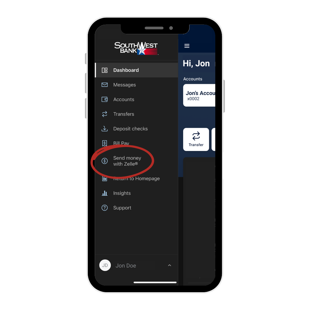 Select the 3 bars at the top of your home screen and Select “Send money with Zelle®.”